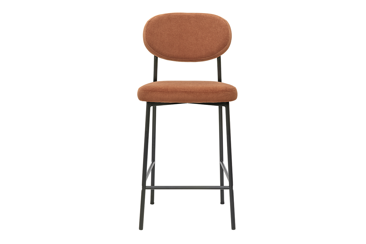 Tabouret de bar velours terre brle avec pitement mtal noir, vue de face.
