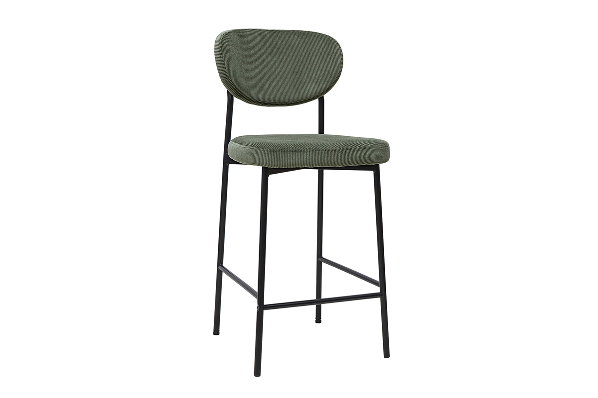 Tabourets de bar fixes en velours ctel vert kaki avec pieds en mtal noir, modle BREKA, lot de 2, H65 cm.