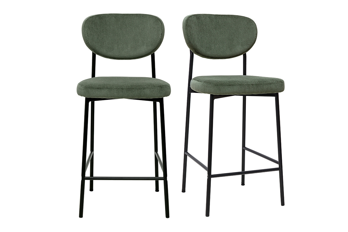 Tabourets de bar en tissu velours vert kaki et mtal noir, design moderne, lot de 2, 65 cm hauteur