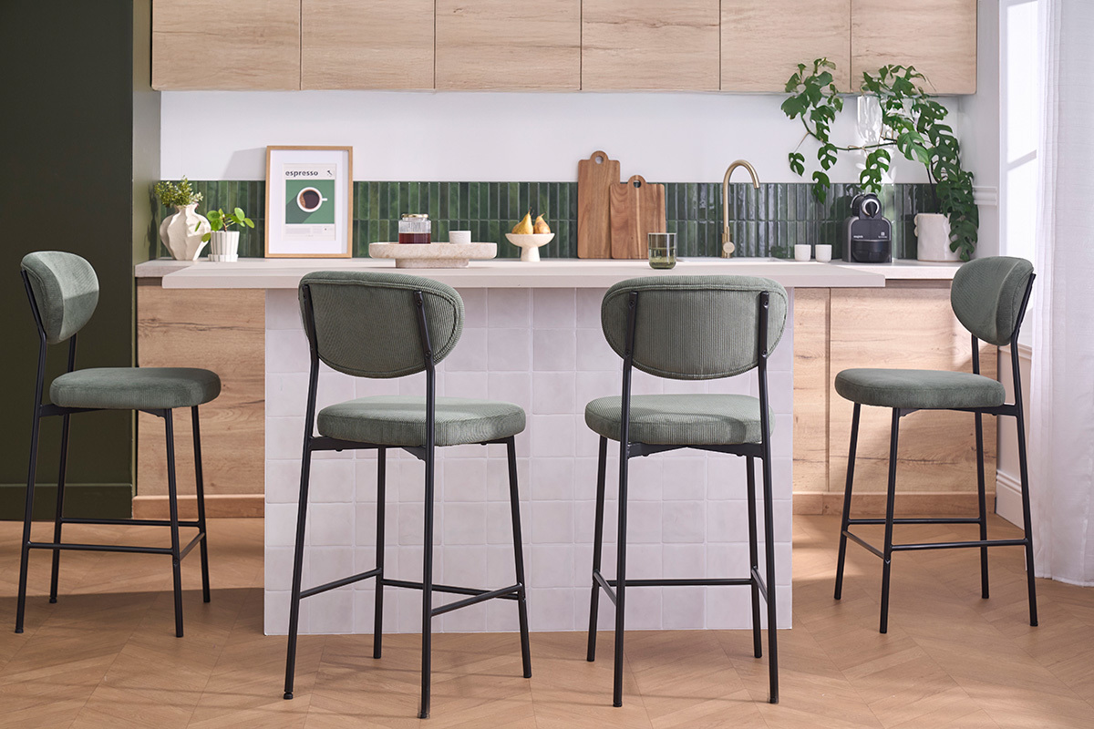 Tabourets de bar fixes en tissu velours c�tel� vert kaki H65 cm (lot de 2) BREKA