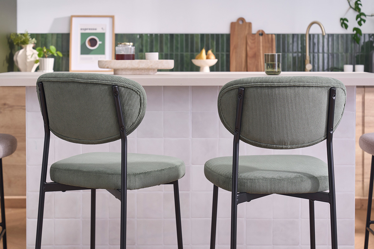 Tabourets de bar fixes en tissu velours c�tel� vert kaki H65 cm (lot de 2) BREKA