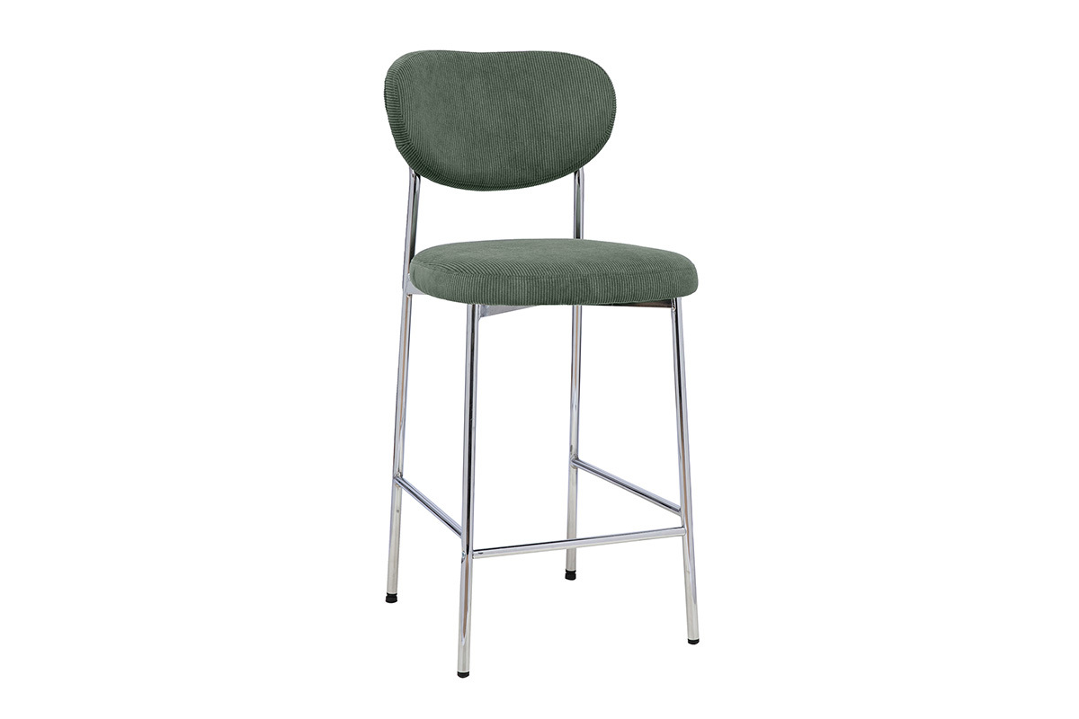 Tabouret de bar fixe en tissu velours c�tel� vert kaki, design moderne, hauteur H65 cm