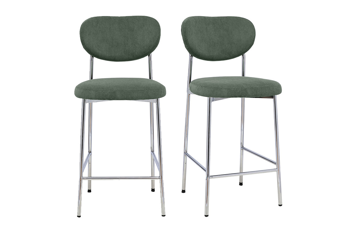 Tabourets de bar fixes en tissu velours c�tel� vert kaki, vue de face, H65 cm, lot de 2.