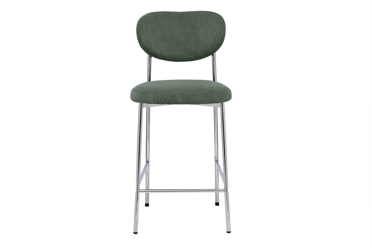 Tabouret de bar BREKA en tissu velours c�tel� vert kaki, vue de face.