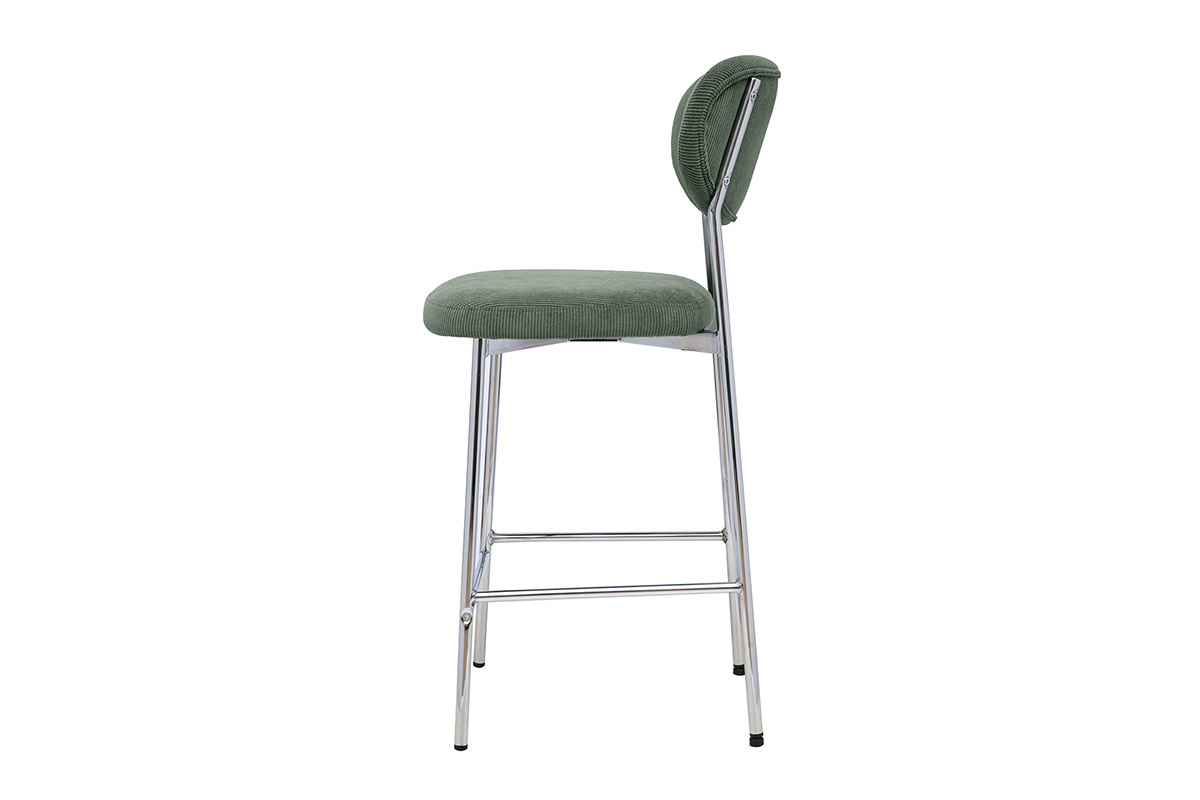 Tabouret de bar fixe en tissu velours c�tel� vert kaki, vue de profil, H65 cm