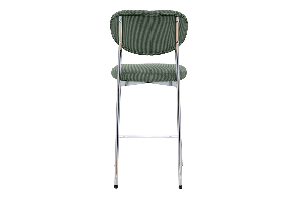 Tabouret de bar fixe en tissu velours c�tel� vert kaki, vue arri�re, H65 cm, mod�le BREKA.