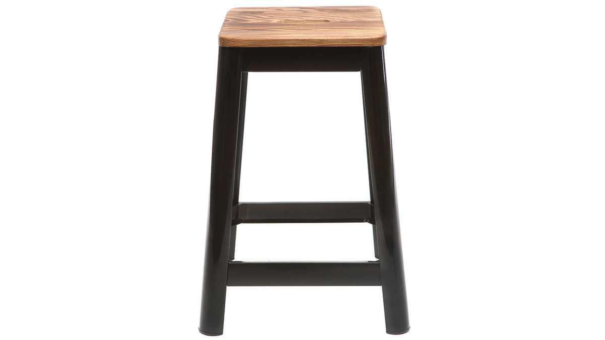 Tabourets de bar industriels en métal noir et bois H65 cm (lot de 2