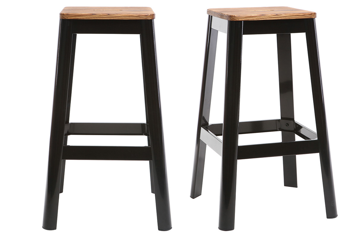 Nordlys - Lot De 2 Tabourets De Bar Metal Bois Industriels Bouclettes Blanc 90299405