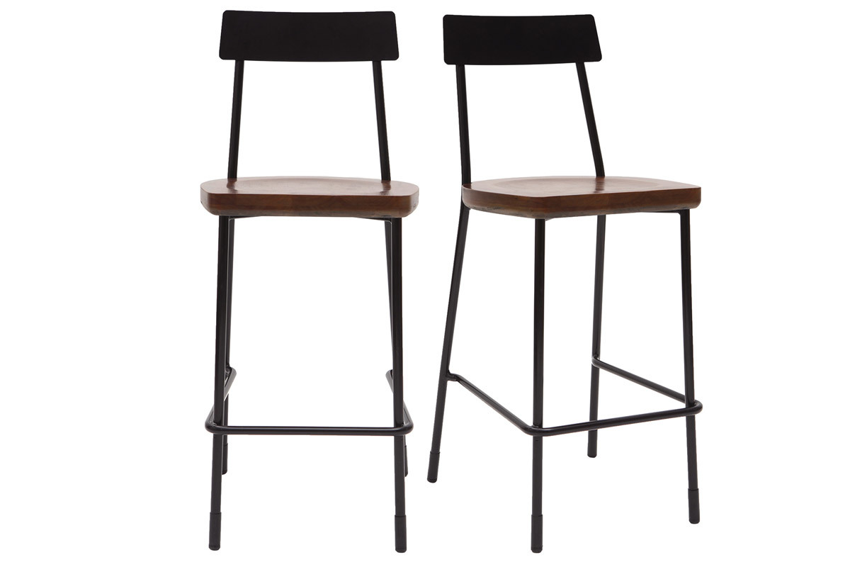 Tabourets de bar industriels m�tal et bois 65 cm (lot de 2) OUDIN