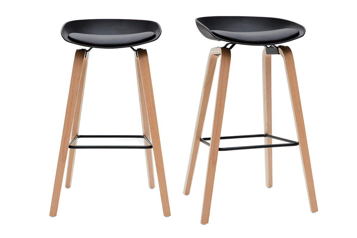Tabourets de bar noir et pieds bois 75 cm (lot de 2) LINO