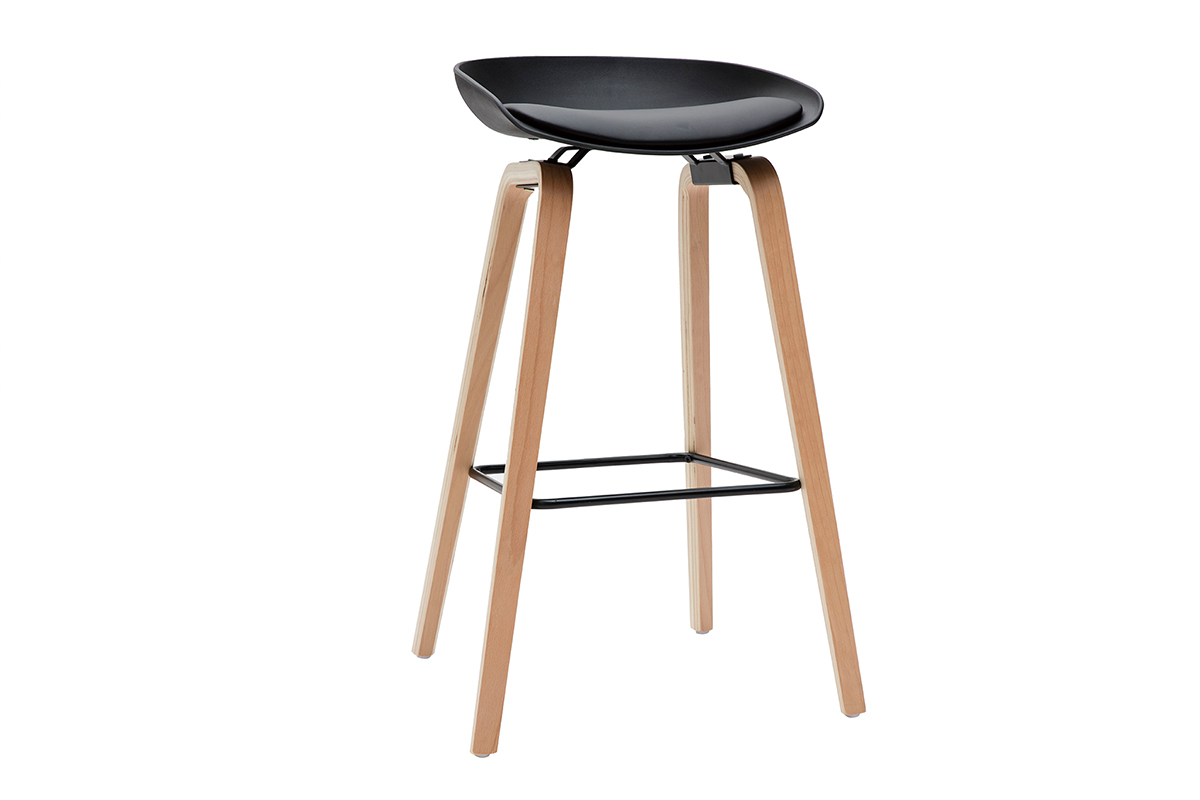 Tabourets de bar noir et pieds bois 75 cm (lot de 2) LINO