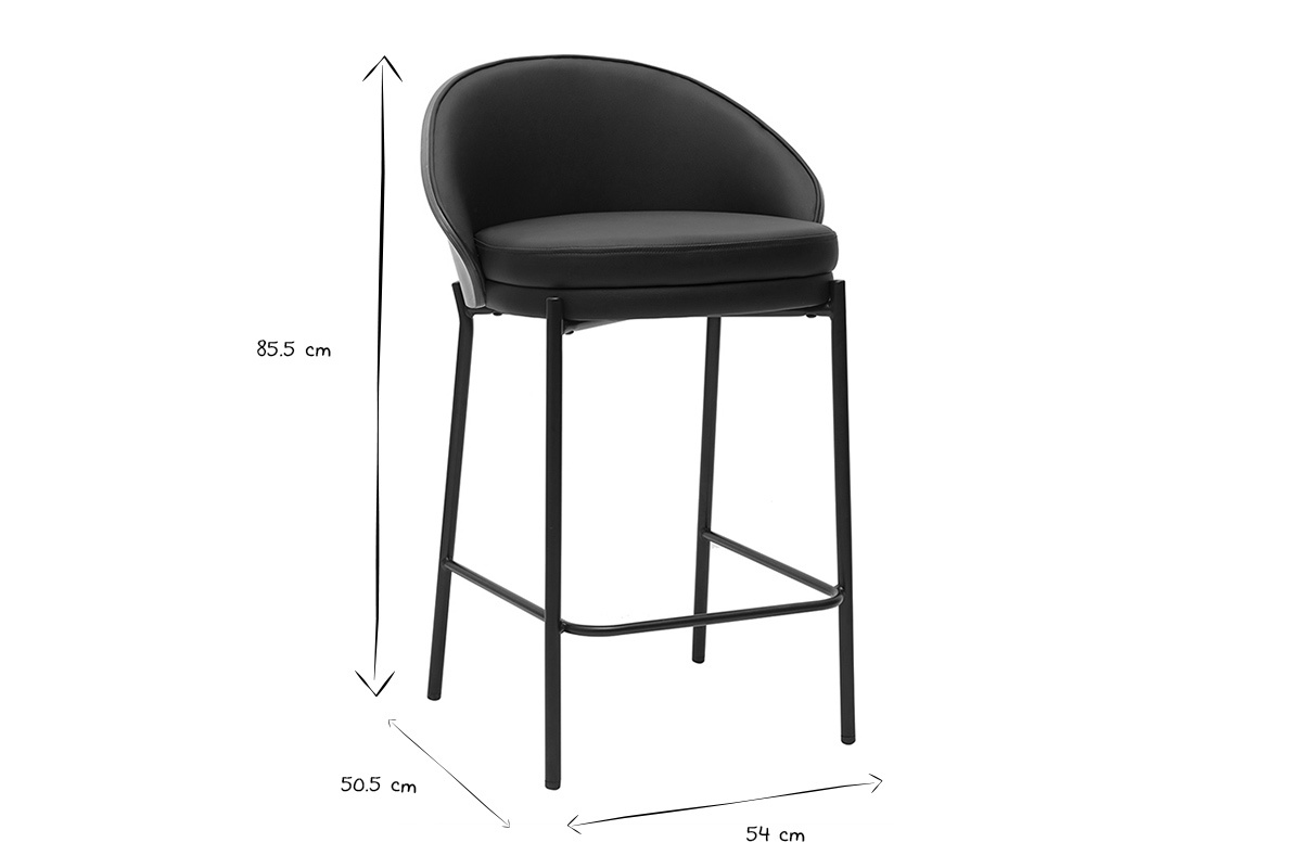 Dimensions d'un tabouret de bar noir en noir et blanc, hauteur 85.5 cm, largeur 54 cm, profondeur 50.5 cm.