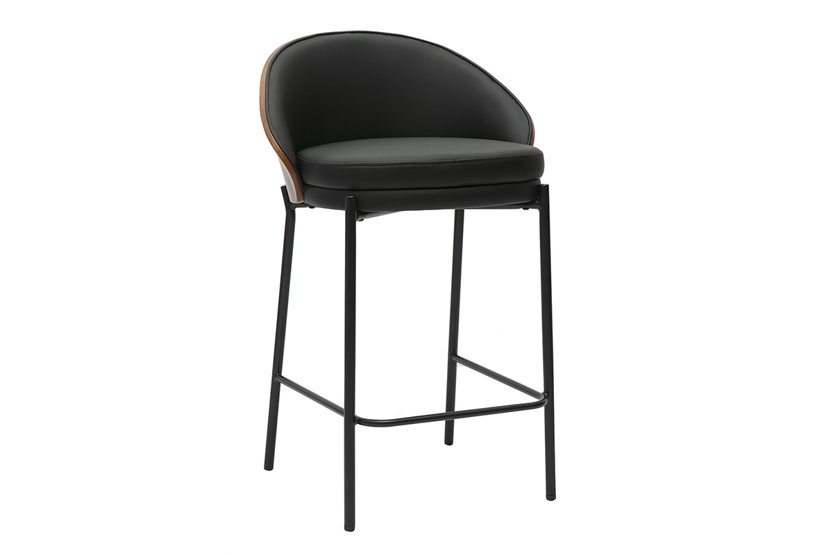 Tabouret de bar noir, bois fonc� et m�tal, vue de 3/4.