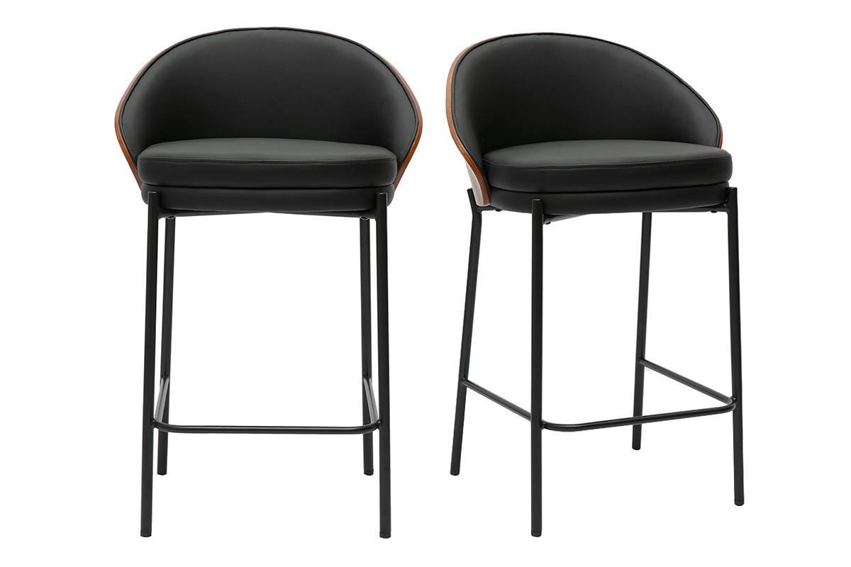 Deux tabourets de bar noirs, bois fonc� et m�tal, vue de face.