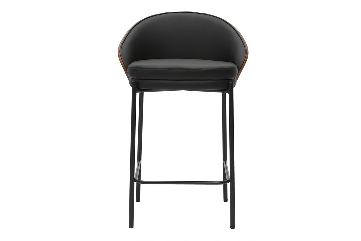 Tabouret de bar noir, vue de face, dossier bois, pieds m�tal.
