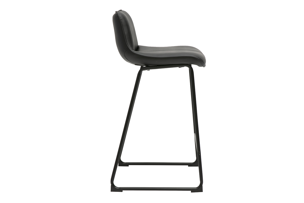 Tabouret de bar noir en polyurthane H65 cm, vue de profil, pitement luge en mtal.