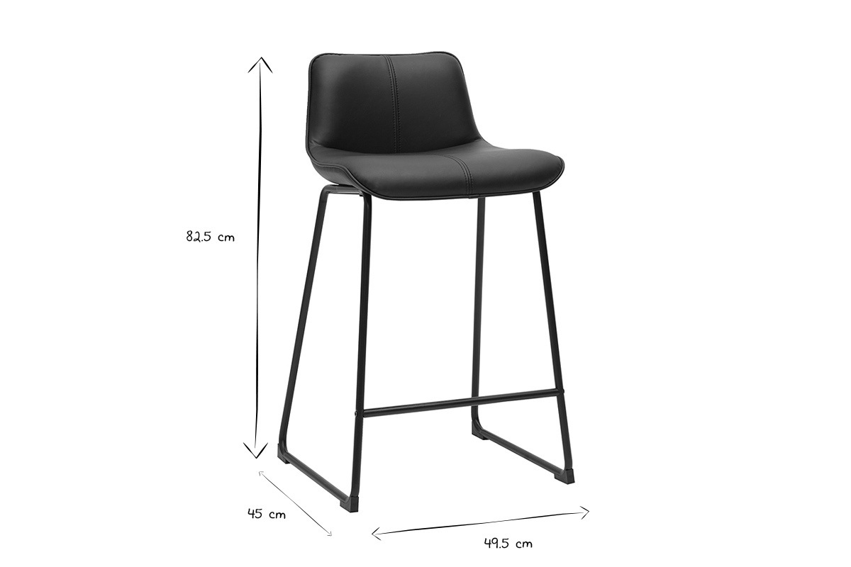 Tabouret de bar noir et mtal avec dimensions 82,5 cm hauteur, 45 cm largeur, 49,5 cm profondeur, en noir et blanc.