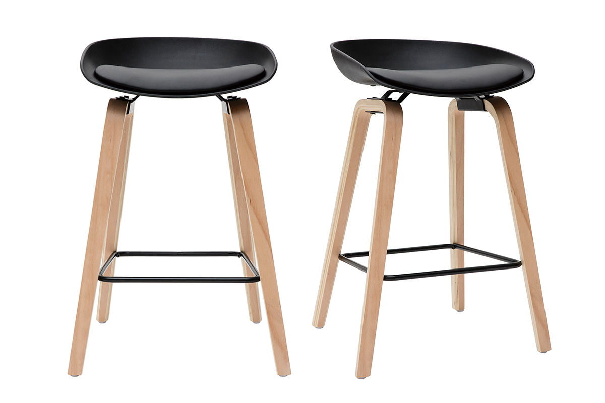 Tabourets de bar noirs et pieds bois H65 cm (lot de 2) LINO