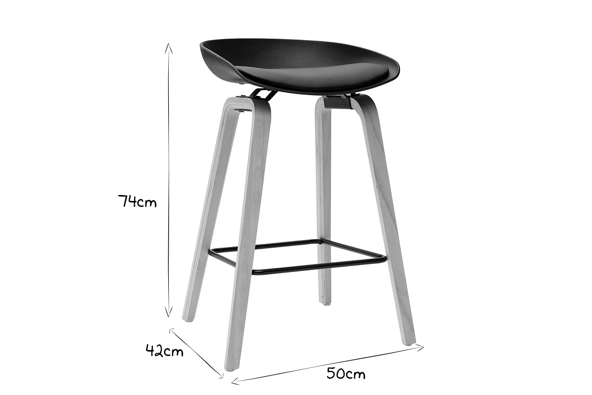Tabourets de bar noirs et pieds bois H65 cm (lot de 2) LINO