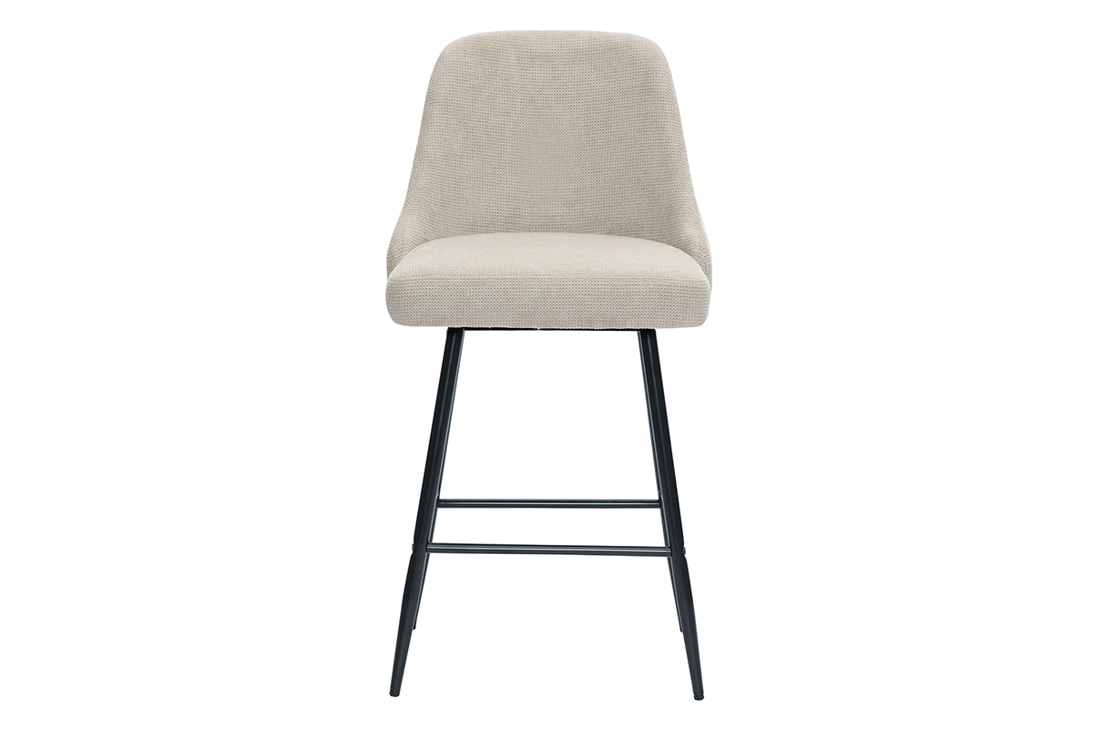 Tabouret de bar pivotant en tissu beige et mtal noir, vue de face.