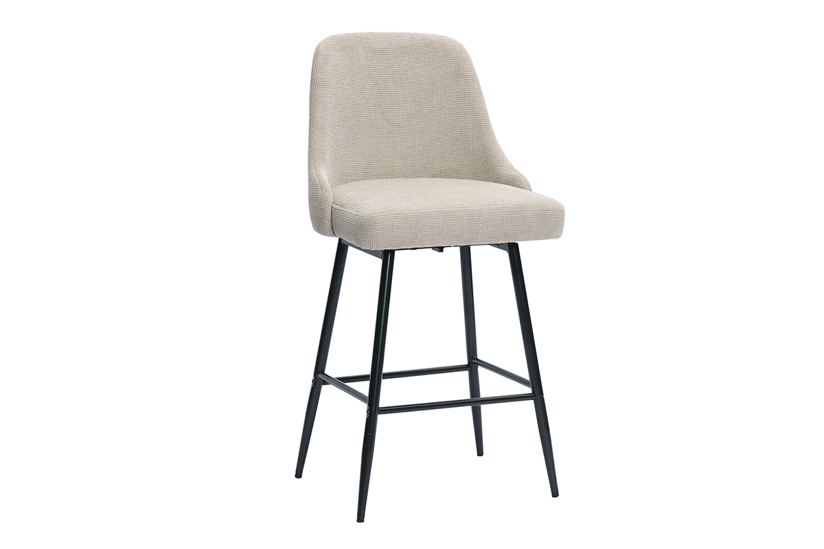 Tabouret de bar beige en tissu chenille avec pieds en mtal noir, vue de ct.