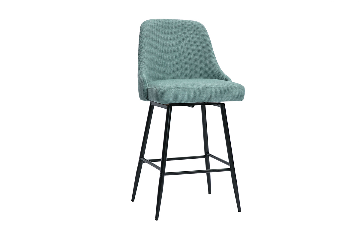 Tabouret de bar en tissu vert cladon et mtal noir, vue de 3/4.