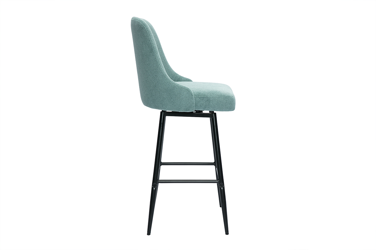 Tabouret pivotant en tissu vert cladon, vue de ct, structure en mtal noir.