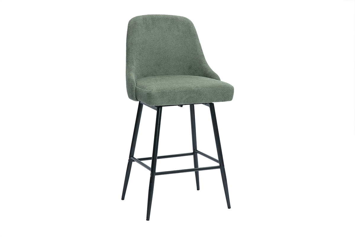 Tabouret de bar vert kaki et mtal, vue de 3/4.