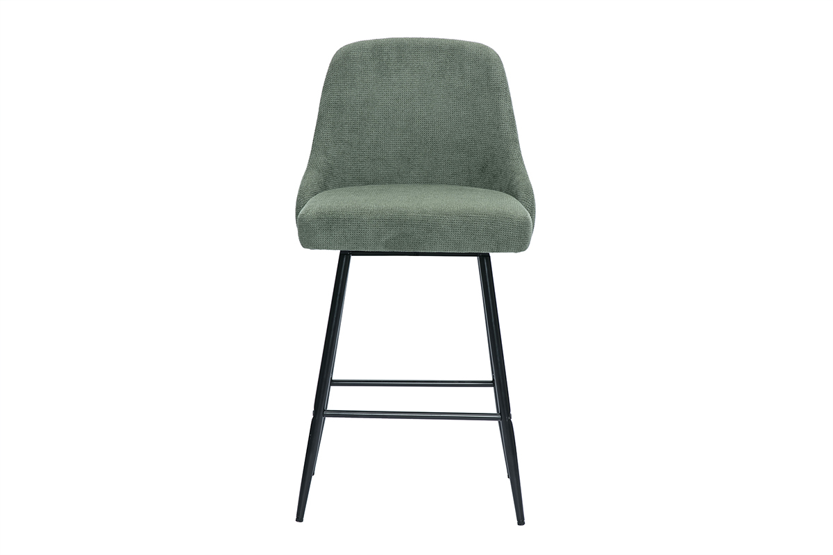 Tabouret de bar vert kaki effet velours avec pieds en mtal noir, vue de face.