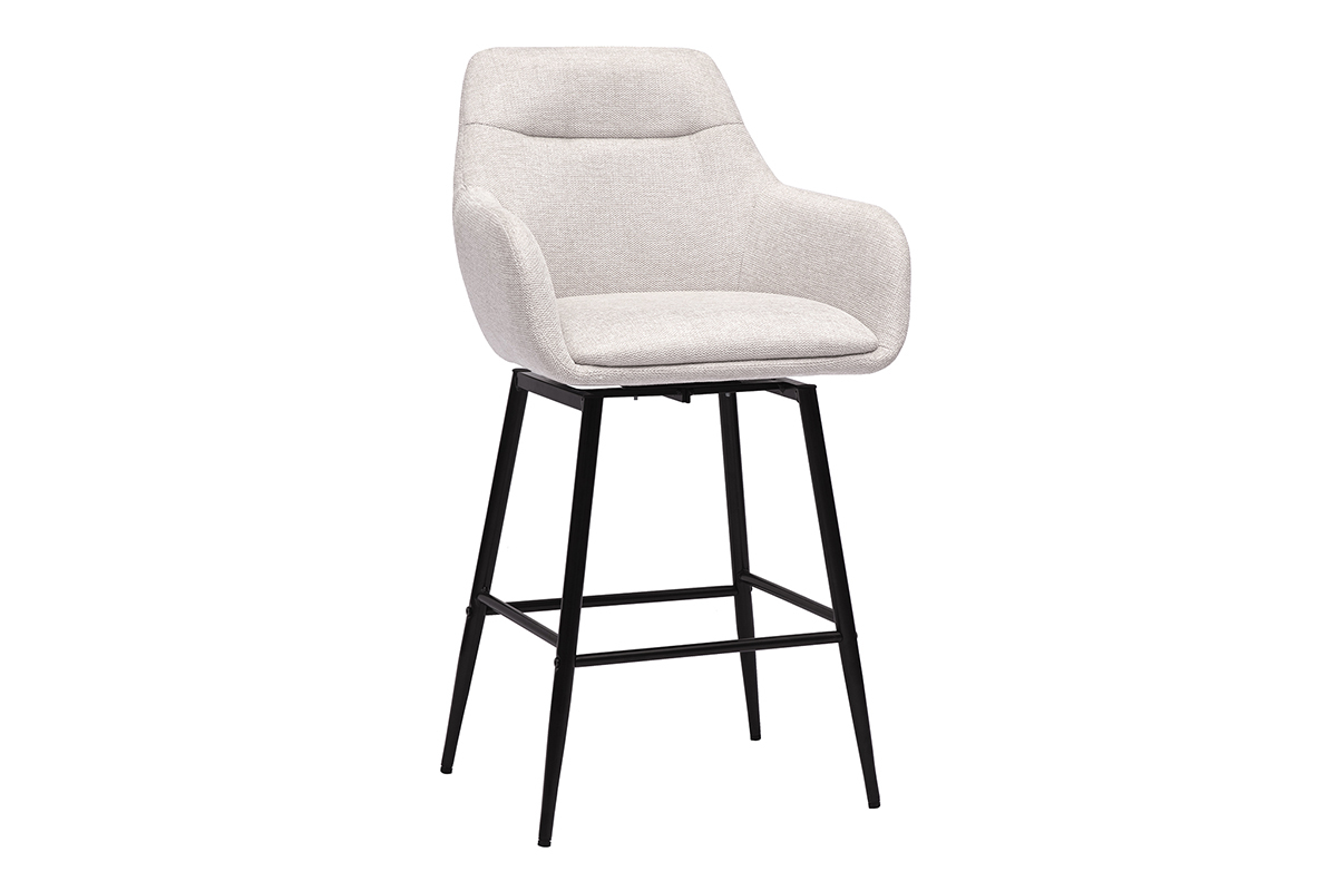 Tabouret de bar en tissu velours beige et mtal noir, angle 3/4.