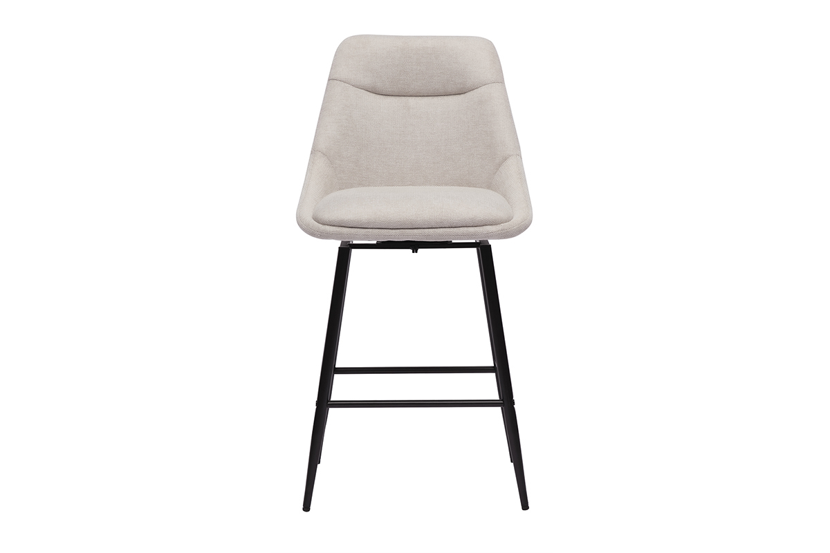 Tabouret de bar en tissu beige effet velours, vue de face, structure mtallique noire.