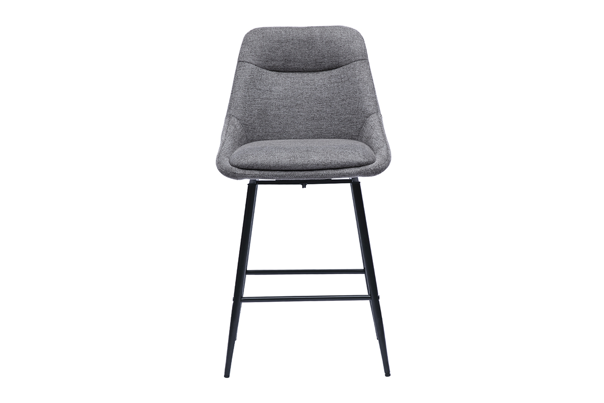 Tabouret de bar gris effet velours avec pieds en mtal, vue de face.