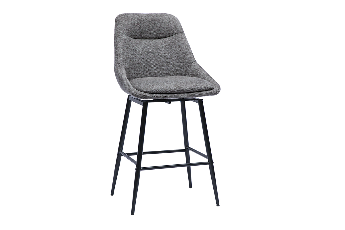 Tabouret de bar gris en tissu effet velours, vue de 3/4, structure en mtal.