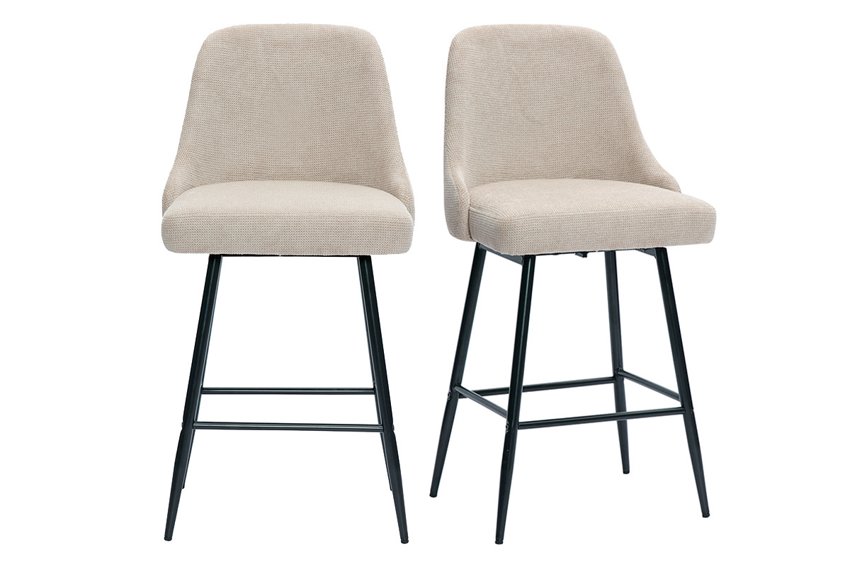 Deux tabourets de bar beige en tissu chenille et m�tal noir, vue de face.