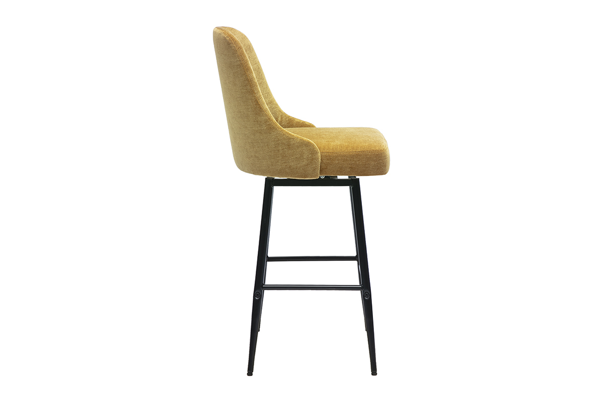 Tabouret de bar pivotant en tissu effet velours jaune curry et m�tal noir, vue de profil