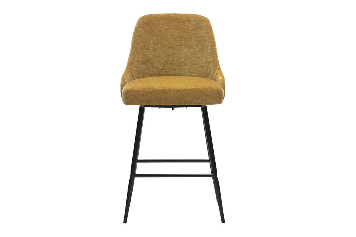 Tabouret de bar pivotant en tissu velours jaune curry, vue de face avec pi�tement en m�tal noir.