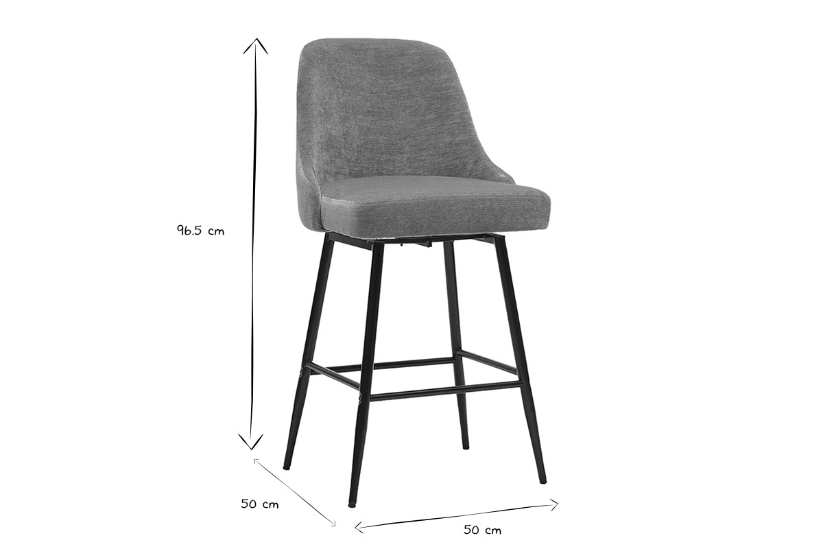 Dimensions des tabourets de bar HASTA en noir et blanc : 96,5 cm de hauteur, 50 cm de large.