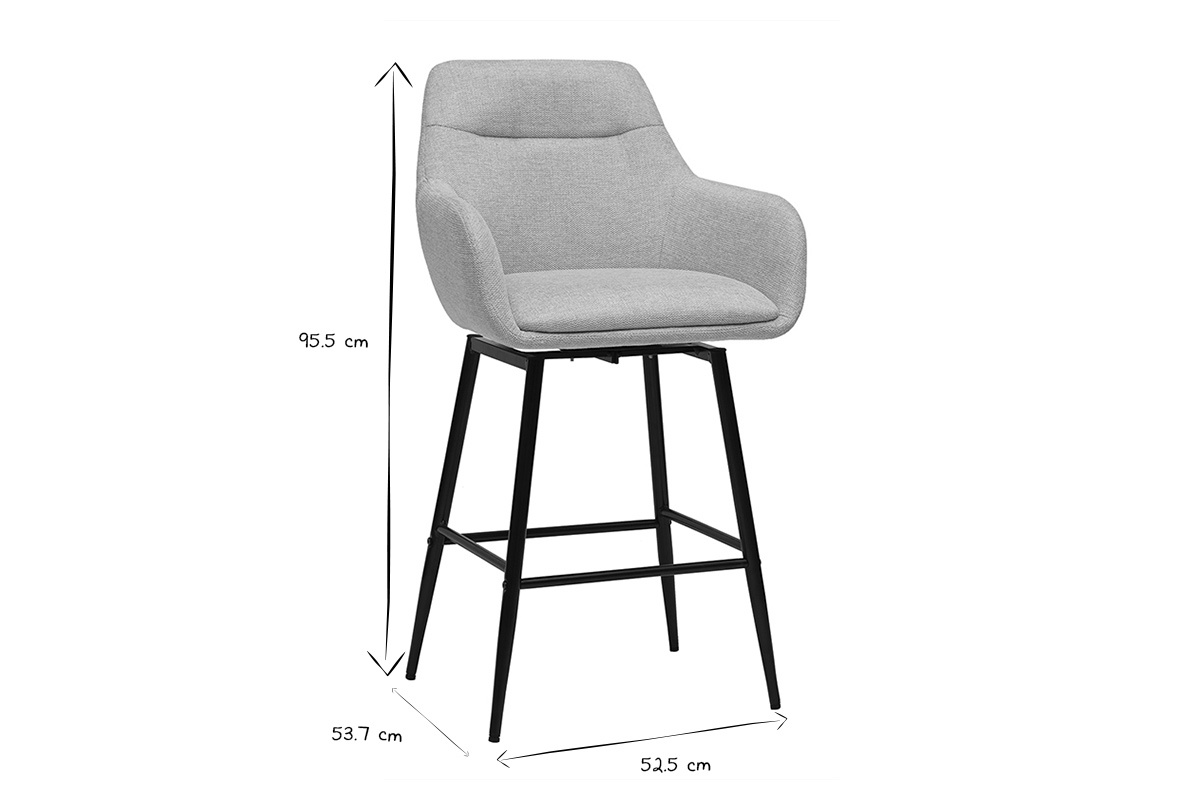 Dimensions d'un tabouret de bar pivotant en noir et blanc, hauteur 95,5 cm, largeur 52,5 cm, profondeur 53,7 cm.