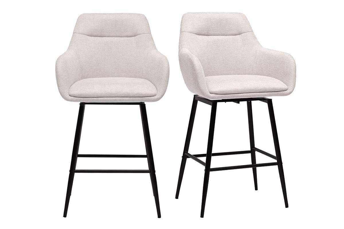 Deux tabourets de bar beige en tissu effet velours avec pieds en m�tal noir, vue de face.