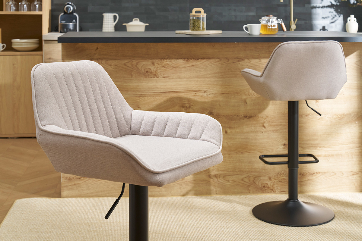 Tabourets de bar rglables en tissu beige et mtal noir (lot de 2) RONNIE