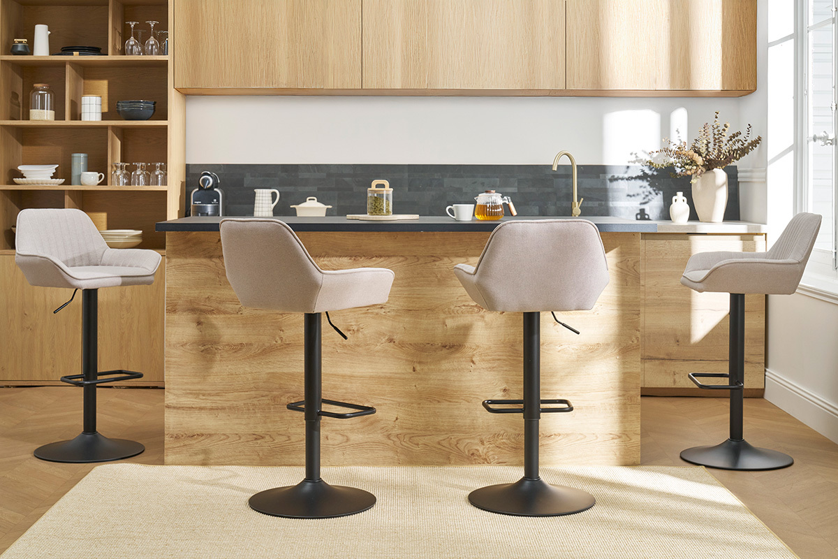 Tabourets de bar rglables en tissu beige et mtal noir (lot de 2) RONNIE