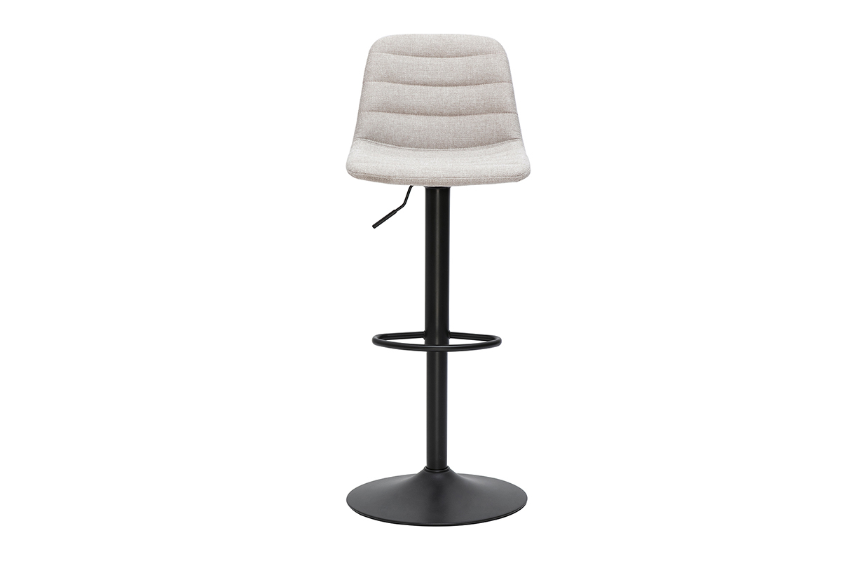 Tabouret de bar beige en tissu effet velours avec base en mtal noir, vue de face.