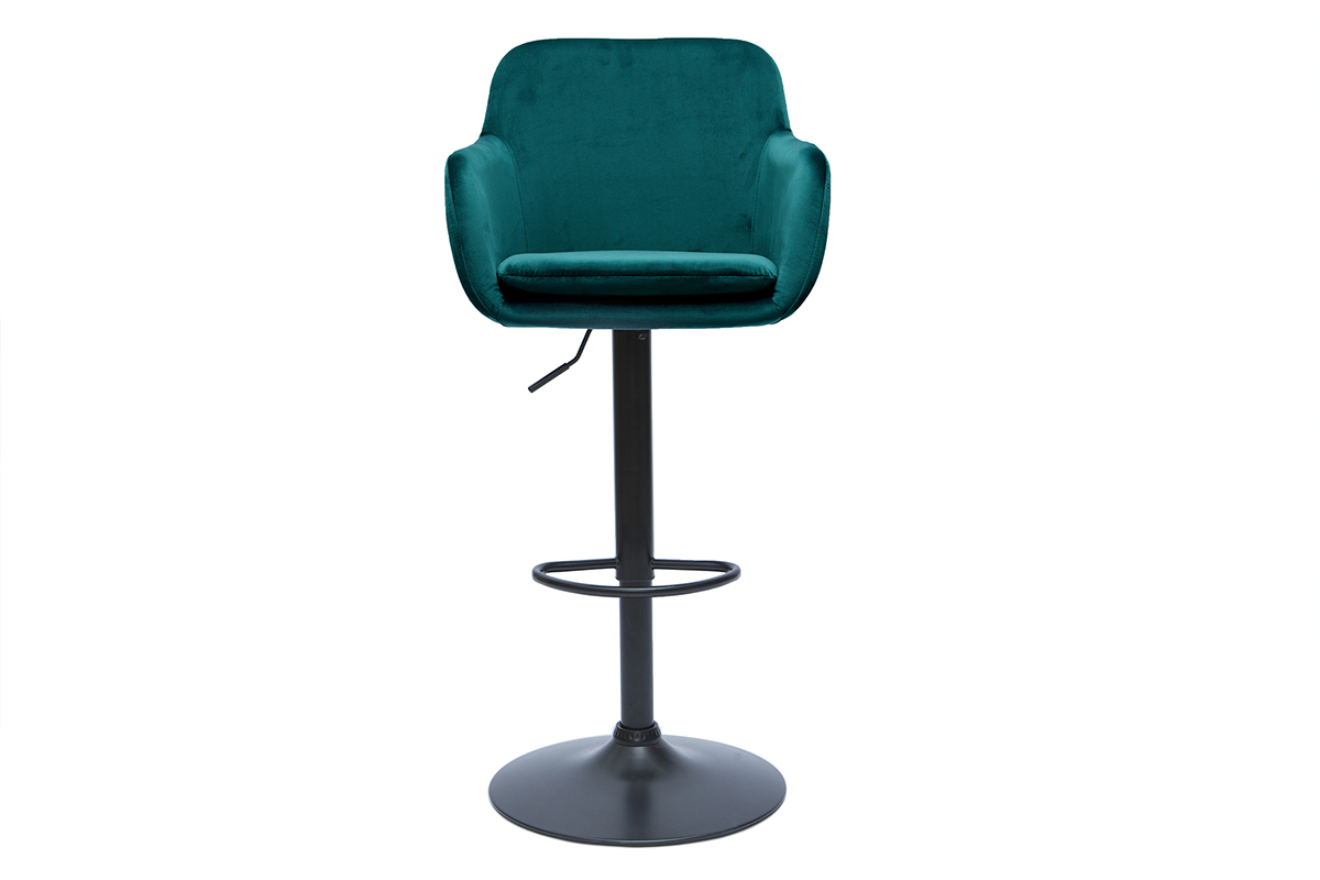 Tabouret de bar en velours bleu ptrole avec pied en mtal noir, vue de face.