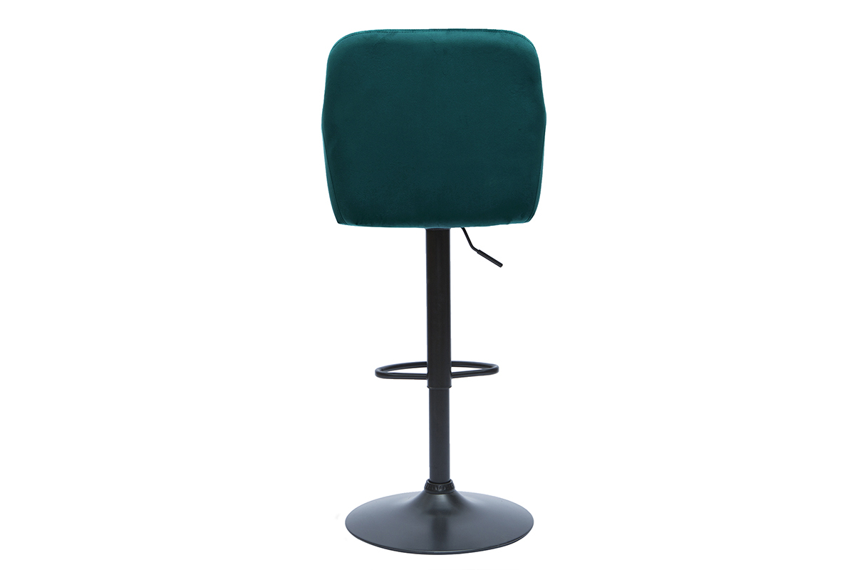 Tabouret de bar en velours bleu ptrole vu de dos avec base en mtal noir.