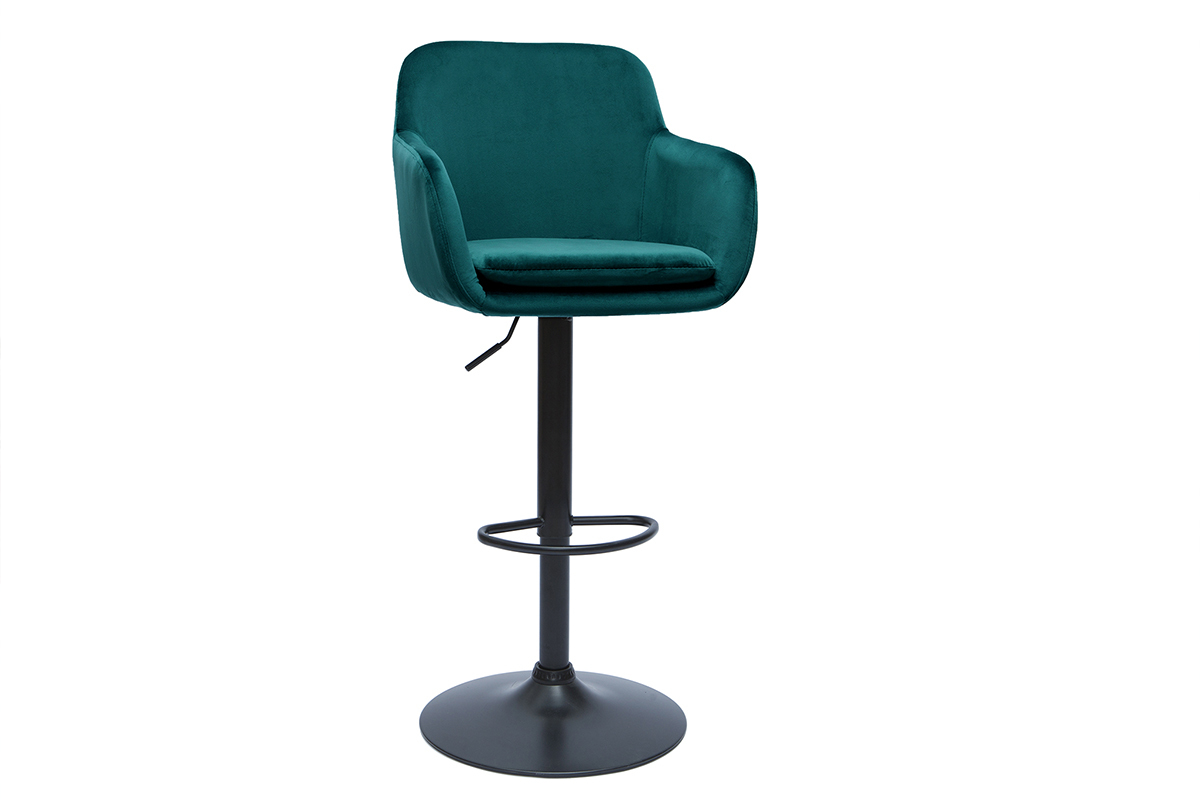 Tabouret de bar en velours bleu ptrole et mtal noir, vue de 3/4.