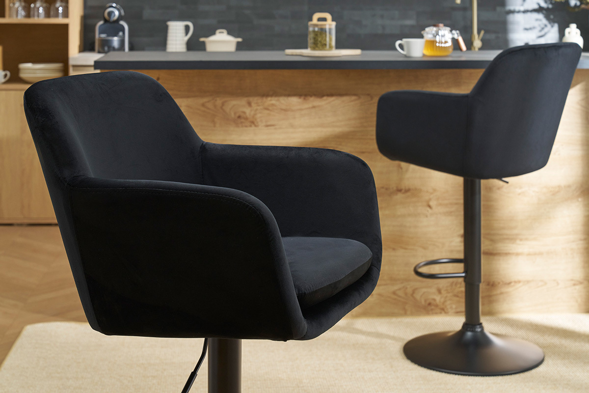Tabourets de bar rglables en velours noir et mtal (lot de 2) AMIKA