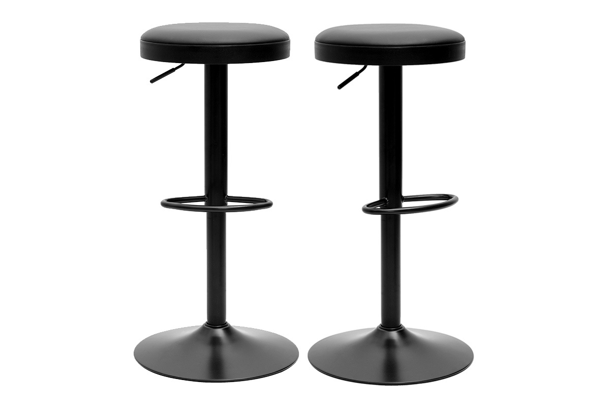 Tabourets de bar rglables noirs en mtal et polyurthane, lot de 2, modle BYRON.
