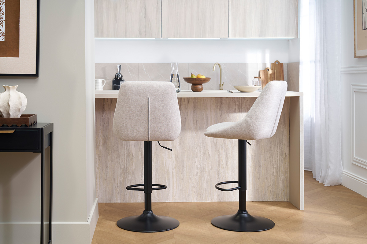 Tabourets de bar rglables pivotants 360 en tissu effet velours textur beige et mtal (lot de 2) ALESS