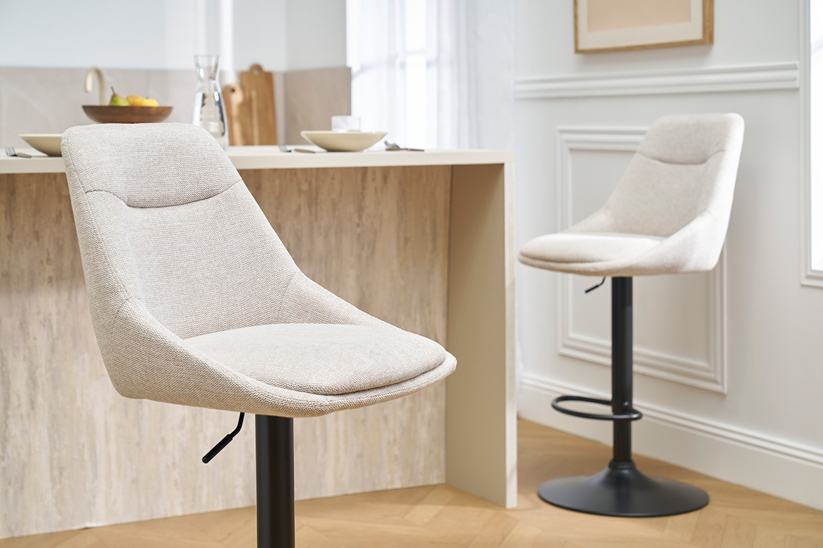 Tabourets de bar rglables pivotants 360 en tissu effet velours textur beige et mtal (lot de 2) ALESS