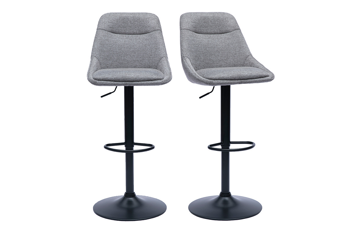 Deux tabourets de bar gris en tissu effet velours, pieds en mtal noir, vue de face.